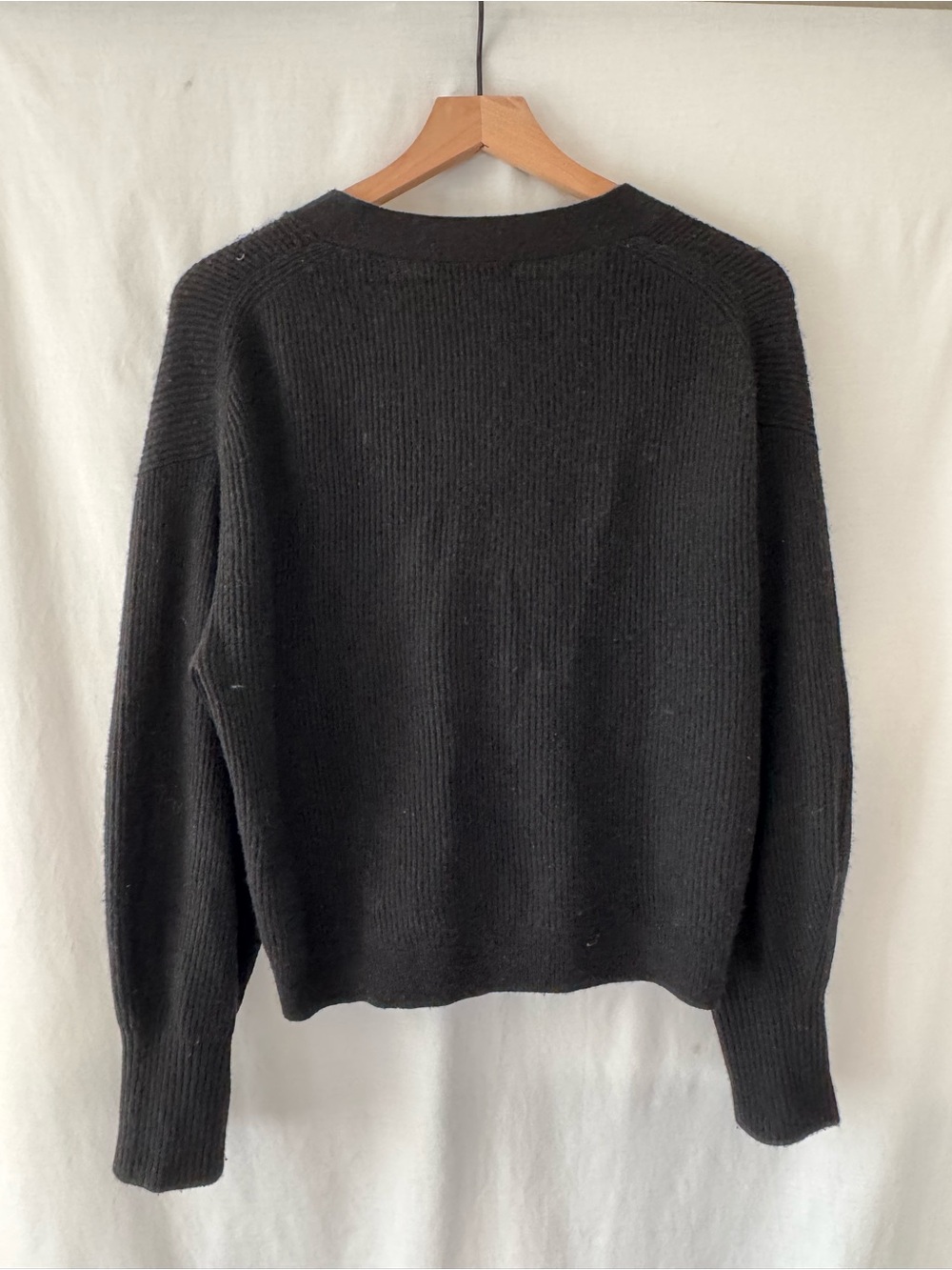 Quince Baby Alpaca Black Ribbed V-Neck Button-Front Cardigan. Layering - Picture 2 of 7